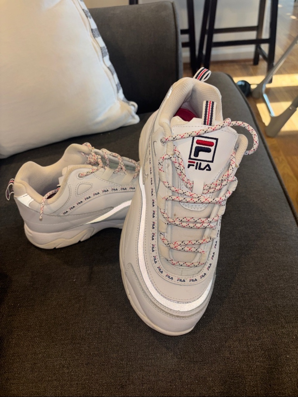 Fila White and Gray Retro Chunky Sneakers with Pink-Detail Laces